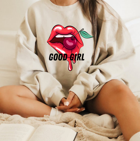 Cherry Good Girl Crewneck sand